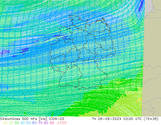 Linea di flusso 500 hPa ICON-D2 gio 06.06.2024 03 UTC