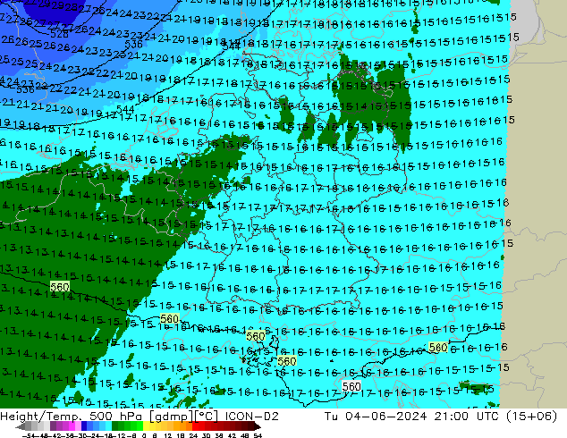 Height/Temp. 500 hPa ICON-D2  04.06.2024 21 UTC