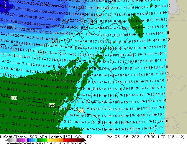 Height/Temp. 500 hPa ICON-D2 Mi 05.06.2024 03 UTC