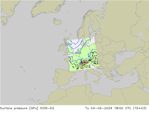 Surface pressure ICON-D2 Tu 04.06.2024 18 UTC