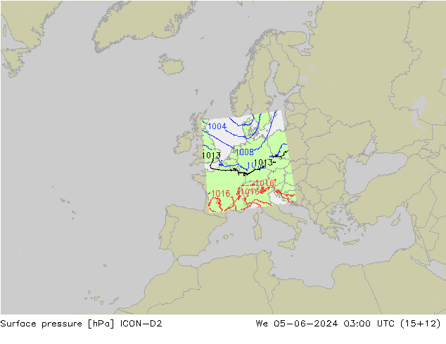 Surface pressure ICON-D2 We 05.06.2024 03 UTC