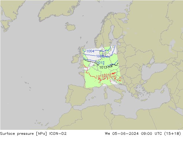 Presión superficial ICON-D2 mié 05.06.2024 09 UTC
