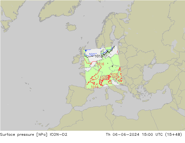 Surface pressure ICON-D2 Th 06.06.2024 15 UTC