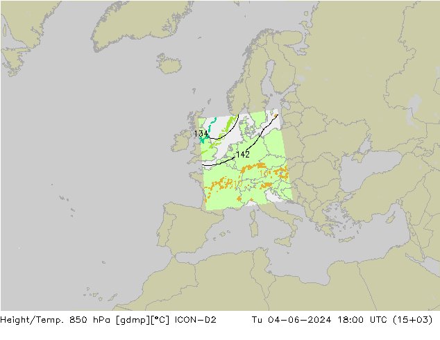 Height/Temp. 850 hPa ICON-D2 Út 04.06.2024 18 UTC