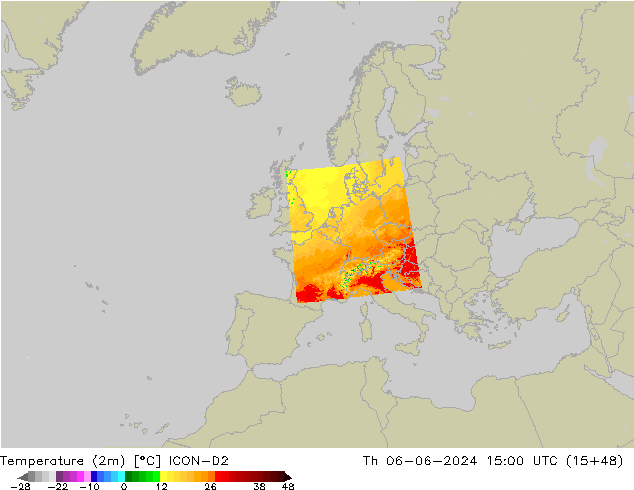 Temperatura (2m) ICON-D2 gio 06.06.2024 15 UTC
