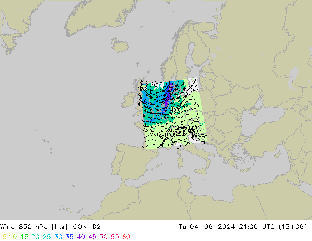 Wind 850 hPa ICON-D2 Tu 04.06.2024 21 UTC