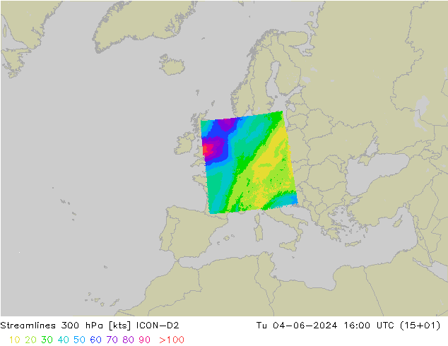 Linha de corrente 300 hPa ICON-D2 Ter 04.06.2024 16 UTC