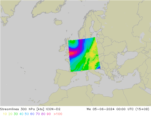 Ligne de courant 300 hPa ICON-D2 mer 05.06.2024 00 UTC