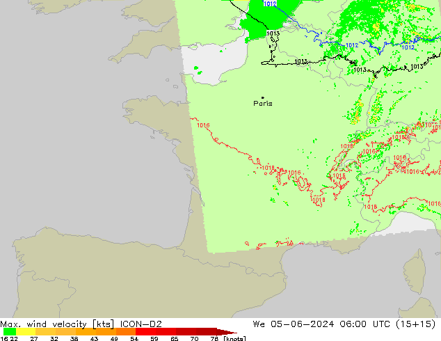 Max. wind velocity ICON-D2 mer 05.06.2024 06 UTC