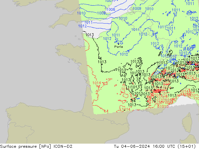 Surface pressure ICON-D2 Tu 04.06.2024 16 UTC