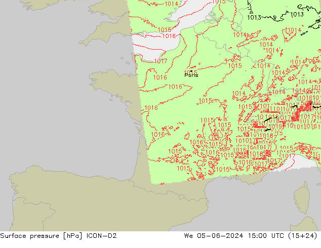 Surface pressure ICON-D2 We 05.06.2024 15 UTC