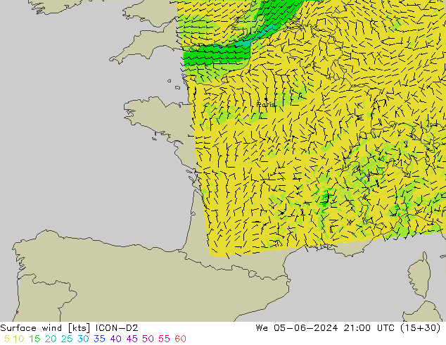 Surface wind ICON-D2 We 05.06.2024 21 UTC