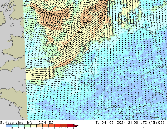 Surface wind (bft) ICON-D2 Tu 04.06.2024 21 UTC