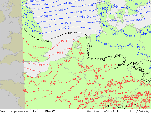 Surface pressure ICON-D2 We 05.06.2024 15 UTC