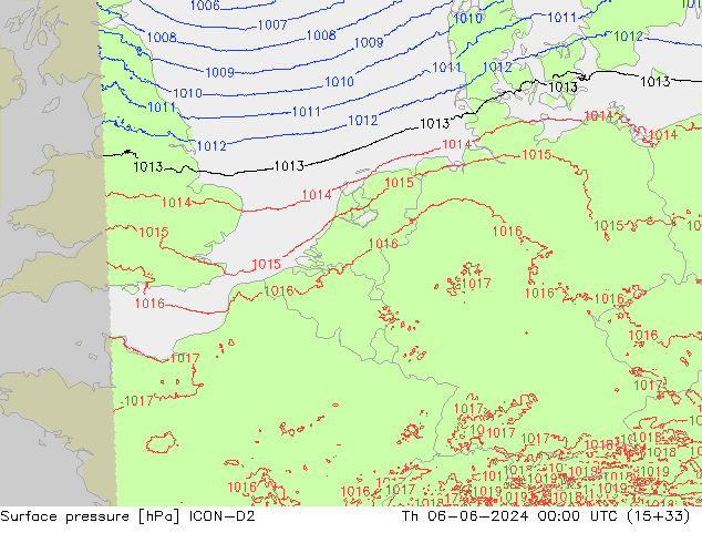 pressão do solo ICON-D2 Qui 06.06.2024 00 UTC