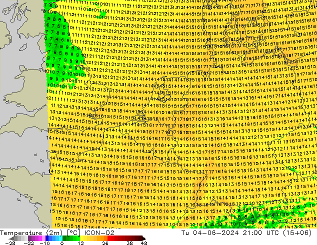 Temperature (2m) ICON-D2 Tu 04.06.2024 21 UTC