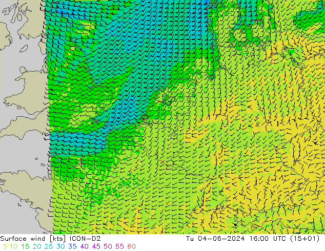 Surface wind ICON-D2 Tu 04.06.2024 16 UTC