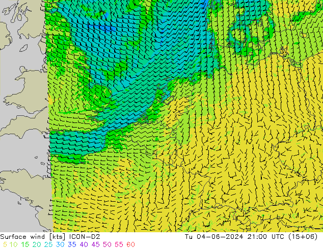 Rüzgar 10 m ICON-D2 Sa 04.06.2024 21 UTC
