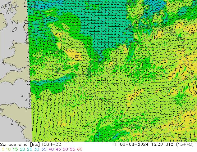 Surface wind ICON-D2 Th 06.06.2024 15 UTC