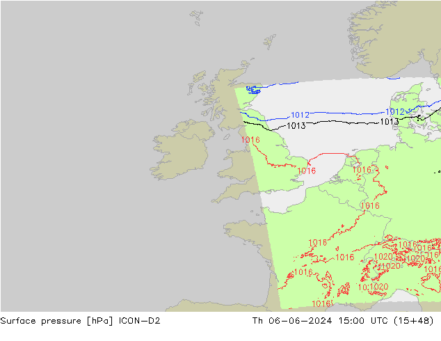 Surface pressure ICON-D2 Th 06.06.2024 15 UTC