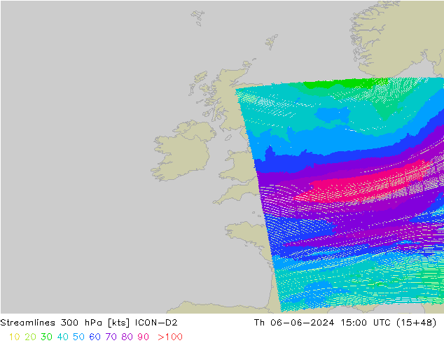 Streamlines 300 hPa ICON-D2 Čt 06.06.2024 15 UTC