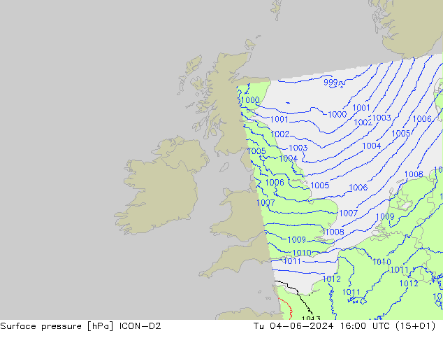 Presión superficial ICON-D2 mar 04.06.2024 16 UTC