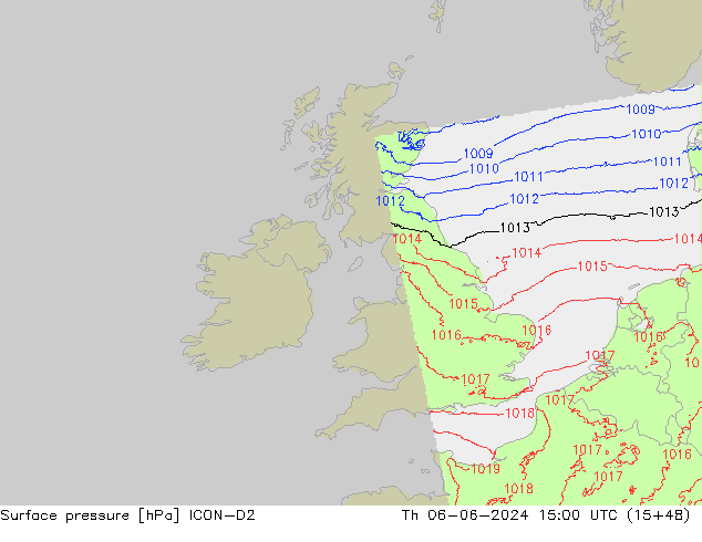 Presión superficial ICON-D2 jue 06.06.2024 15 UTC