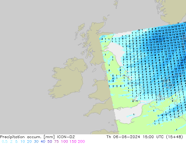 Precipitation accum. ICON-D2 czw. 06.06.2024 15 UTC