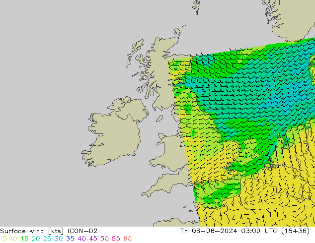 Viento 10 m ICON-D2 jue 06.06.2024 03 UTC