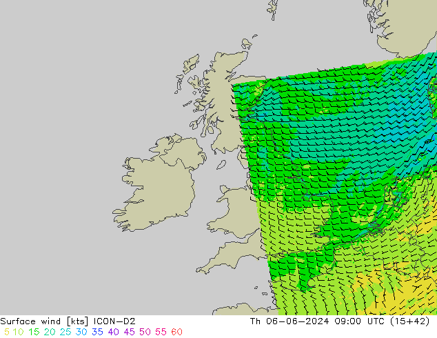 wiatr 10 m ICON-D2 czw. 06.06.2024 09 UTC