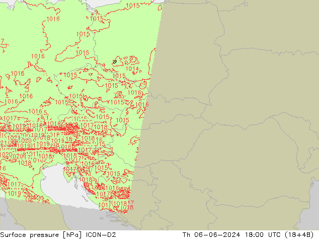 Surface pressure ICON-D2 Th 06.06.2024 18 UTC