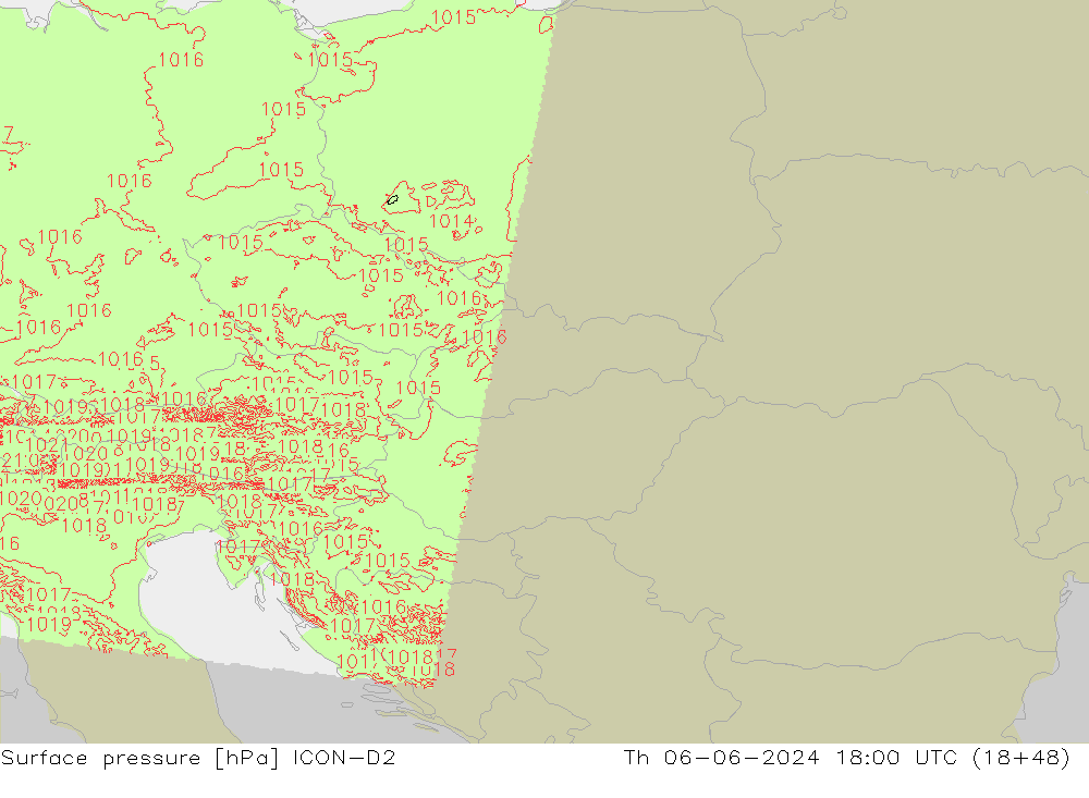 приземное давление ICON-D2 чт 06.06.2024 18 UTC