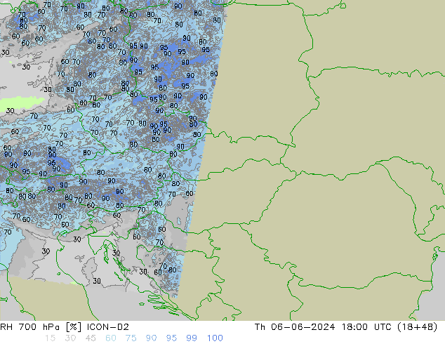 Humidité rel. 700 hPa ICON-D2 jeu 06.06.2024 18 UTC