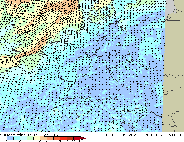 Surface wind (bft) ICON-D2 Tu 04.06.2024 19 UTC