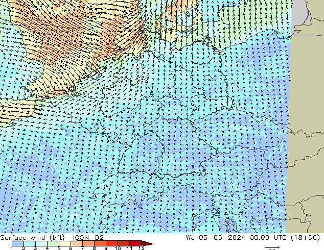 Bodenwind (bft) ICON-D2 Mi 05.06.2024 00 UTC