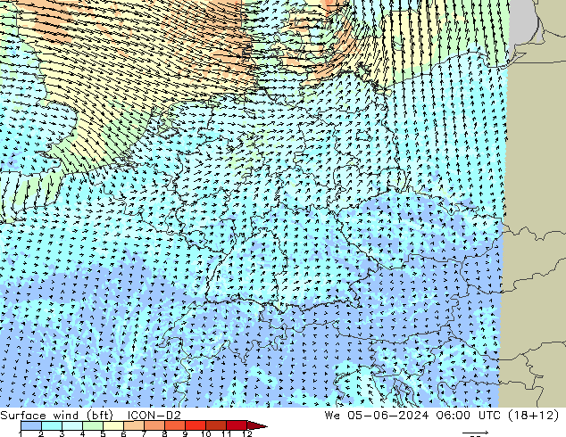 Surface wind (bft) ICON-D2 We 05.06.2024 06 UTC