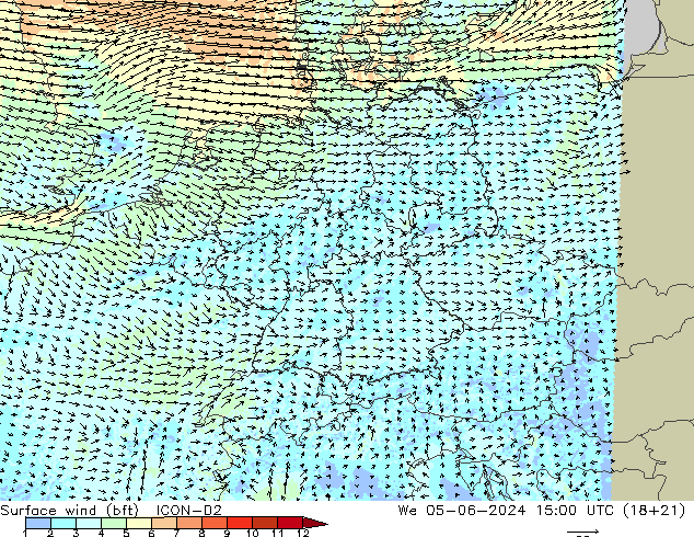 Bodenwind (bft) ICON-D2 Mi 05.06.2024 15 UTC