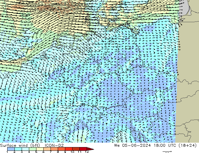 Surface wind (bft) ICON-D2 St 05.06.2024 18 UTC