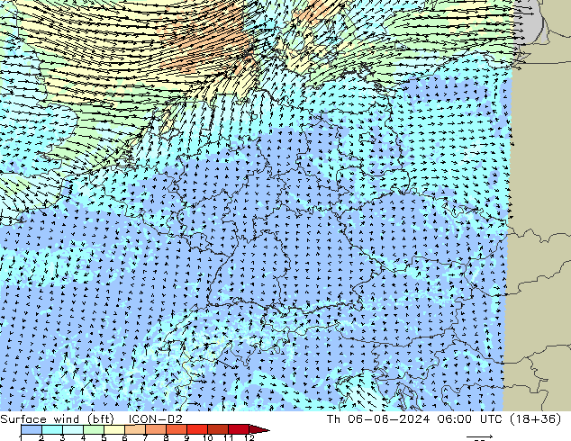 Vento 10 m (bft) ICON-D2 gio 06.06.2024 06 UTC