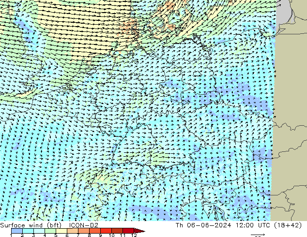 Surface wind (bft) ICON-D2 Th 06.06.2024 12 UTC