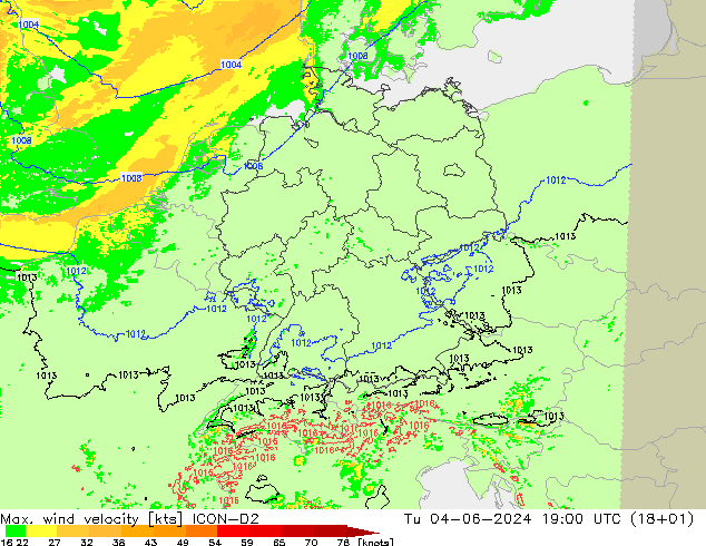 Max. wind velocity ICON-D2 вт 04.06.2024 19 UTC