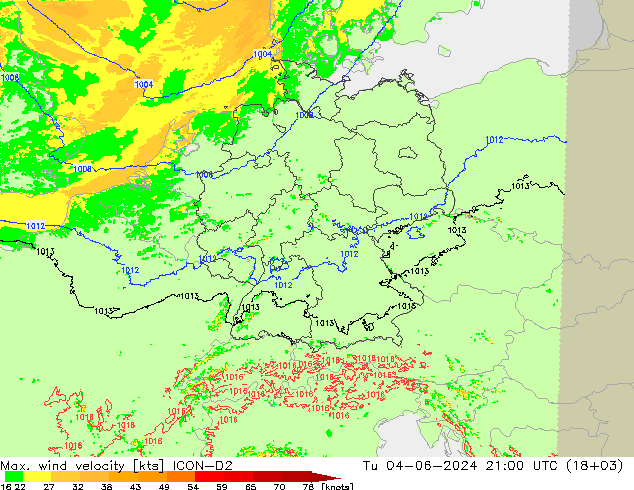 Maks. Rüzgar Hızı ICON-D2 Sa 04.06.2024 21 UTC