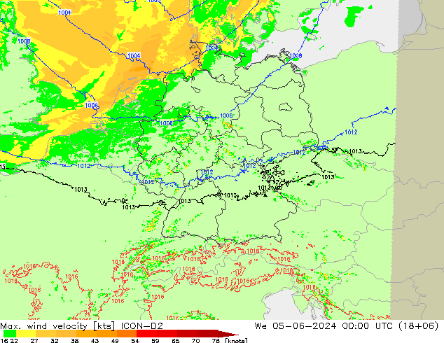 Max. wind velocity ICON-D2 We 05.06.2024 00 UTC