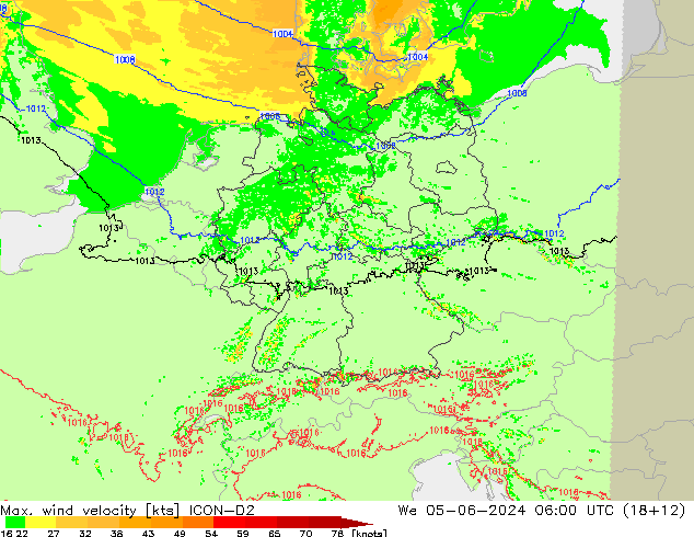 Max. wind velocity ICON-D2 ср 05.06.2024 06 UTC