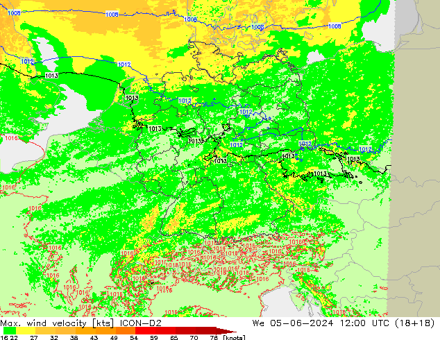 Max. wind snelheid ICON-D2 wo 05.06.2024 12 UTC