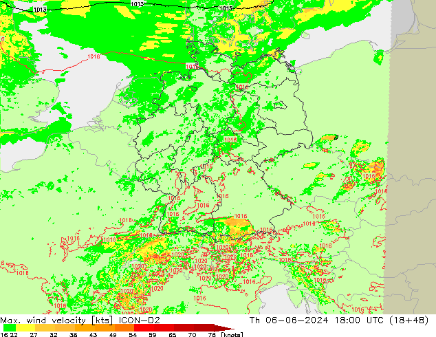 Max. wind velocity ICON-D2 Qui 06.06.2024 18 UTC