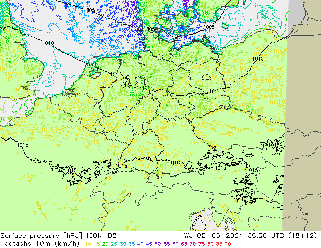 Isotachs (kph) ICON-D2 We 05.06.2024 06 UTC