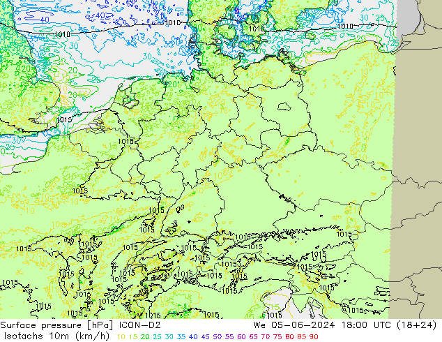 Isotachs (kph) ICON-D2 We 05.06.2024 18 UTC