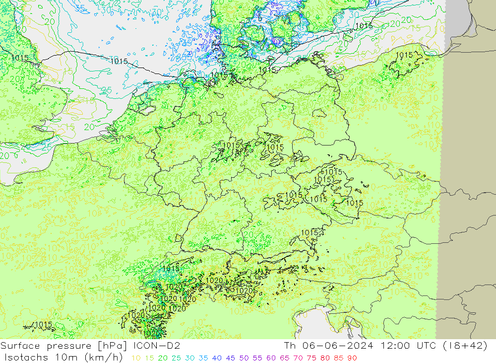 Isotachs (kph) ICON-D2 Th 06.06.2024 12 UTC