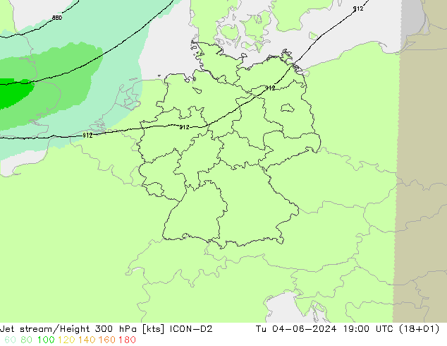 Jet stream/Height 300 hPa ICON-D2 Tu 04.06.2024 19 UTC